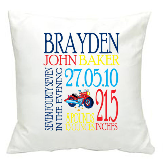 Personalised Motorbike Birth Details Cushion Cover - Made by Skye